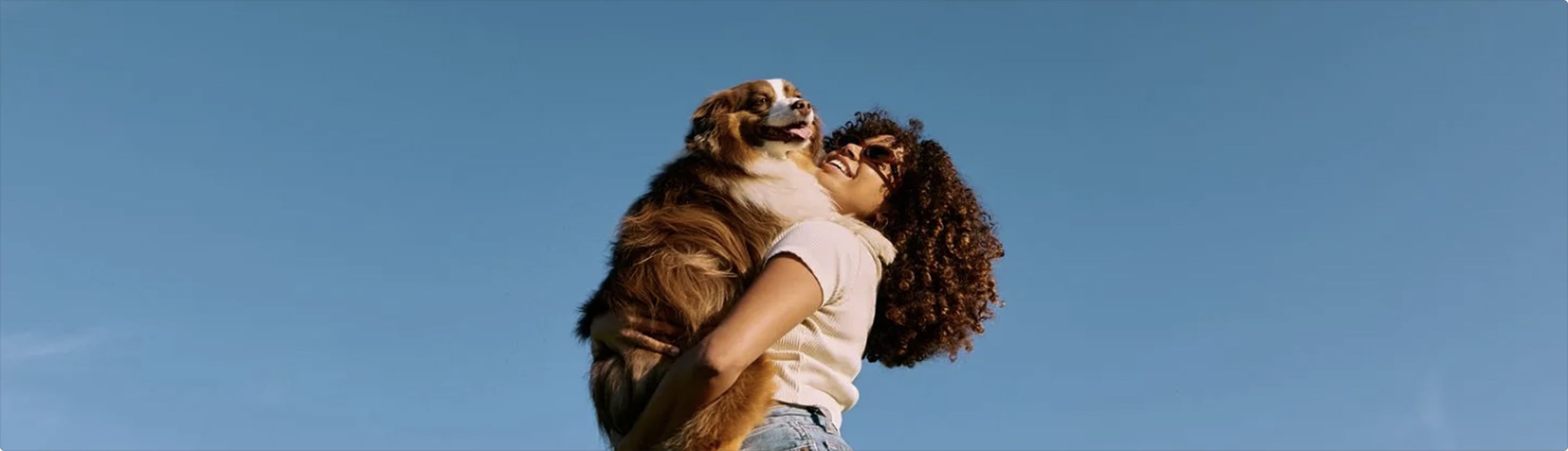 Smiling person in a field holding a dog